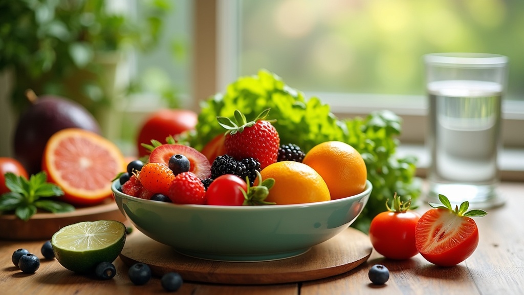 A bowl of vibrant, healthy foods, fruits, and vegetables on a wooden table next to a glass of water and a notepad