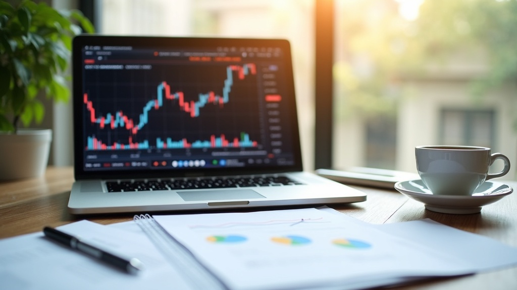 A laptop with a financial chart on the screen, surrounded by paperwork and a cup of coffee on a desk.