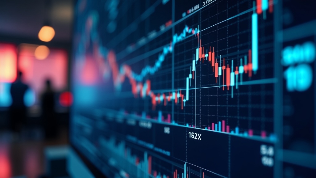 An array of stock charts and computer monitors displaying financial graphs in a modern office