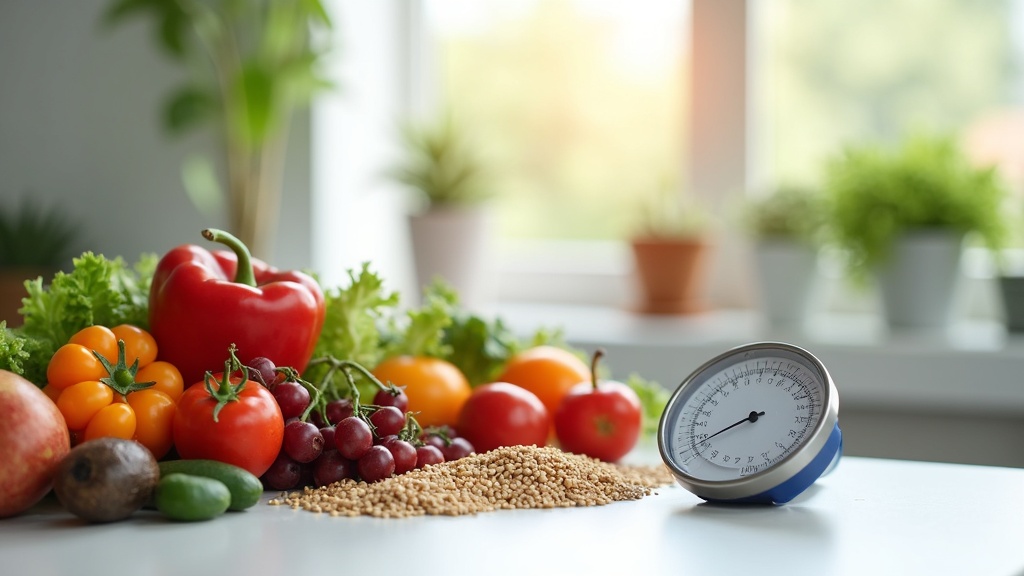 Illustration of blood pressure gauge, healthy food and warning sign icons.