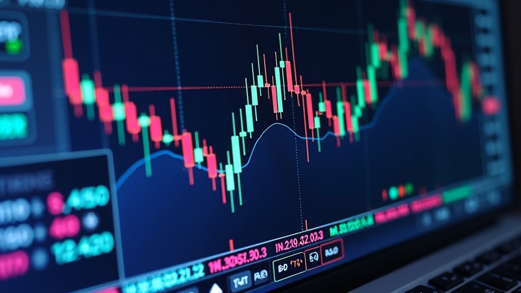 Stock market chart showing graphs, numbers, and tickers on a trading screen